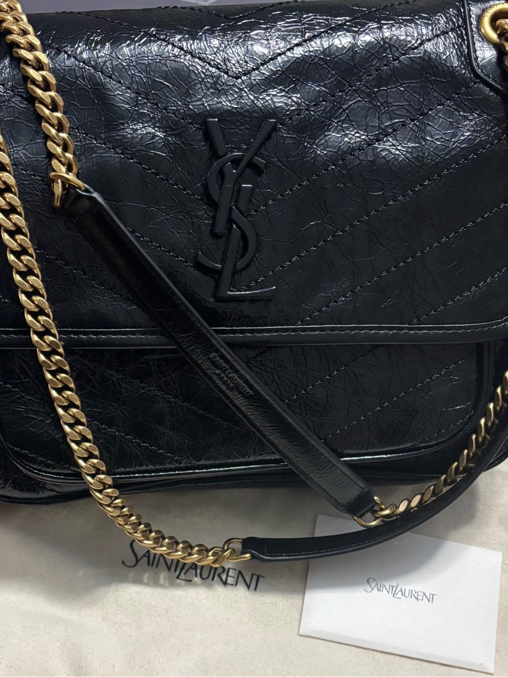 Black Crinkled Leather Shoulder Bag with Gold Chain